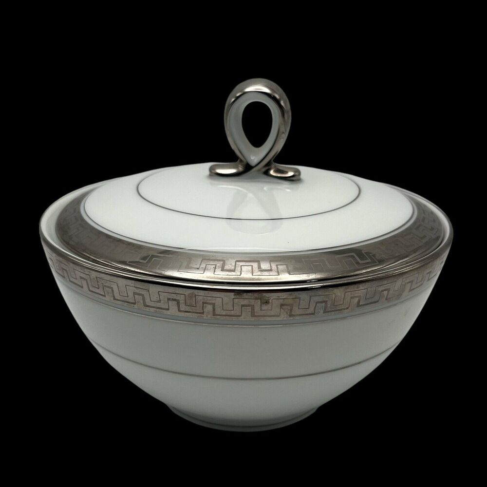 Vintage Mikasa Narumi Alton Sugar Bowl & Lid Silver Greek Key Japan Fine China